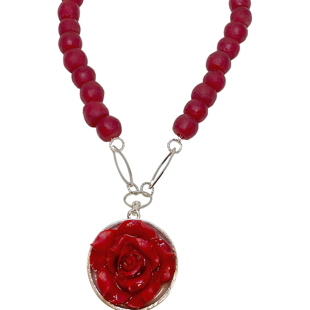 Elegant Red Rose Pendant Necklace with Recycled Glass Beads Silver - Picture 4 of 5